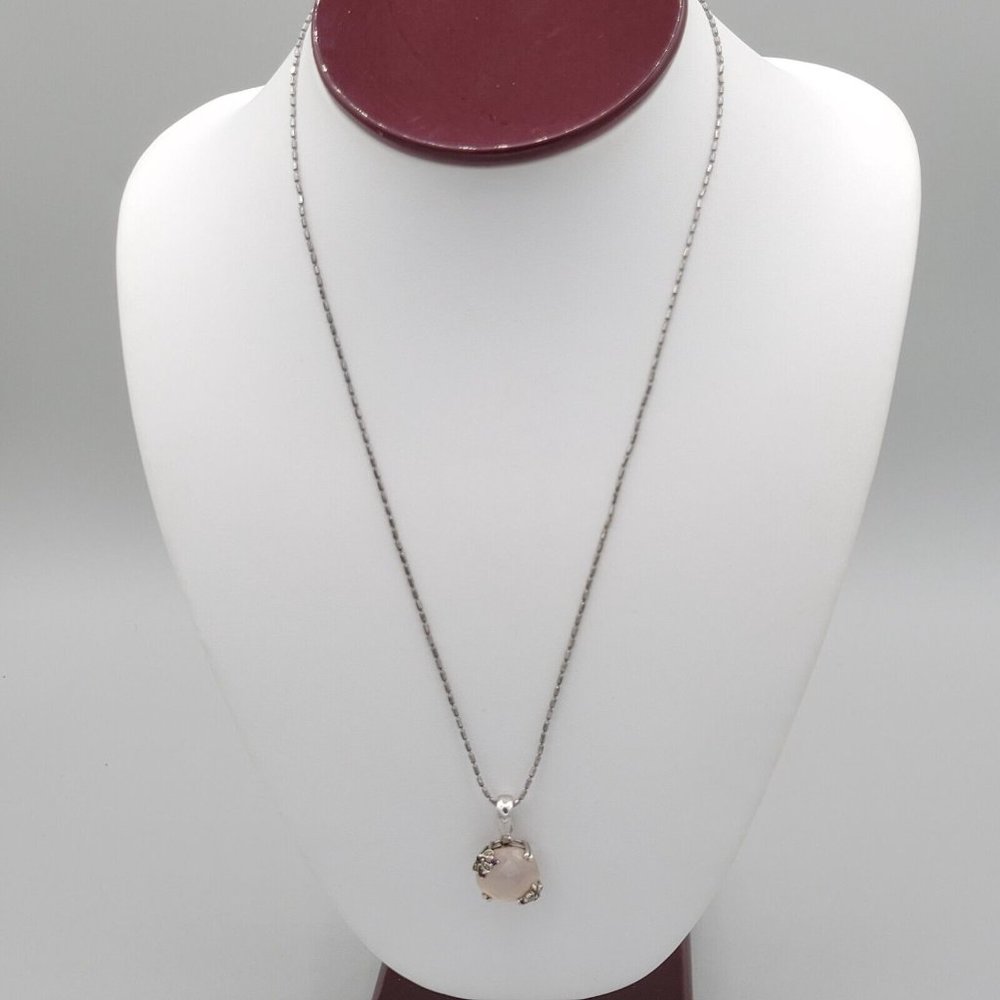 Lirm 925 Italy Signed Womens Silver Oval Ball Chain White Stone Pendant 19 in - Picture 4 of 9